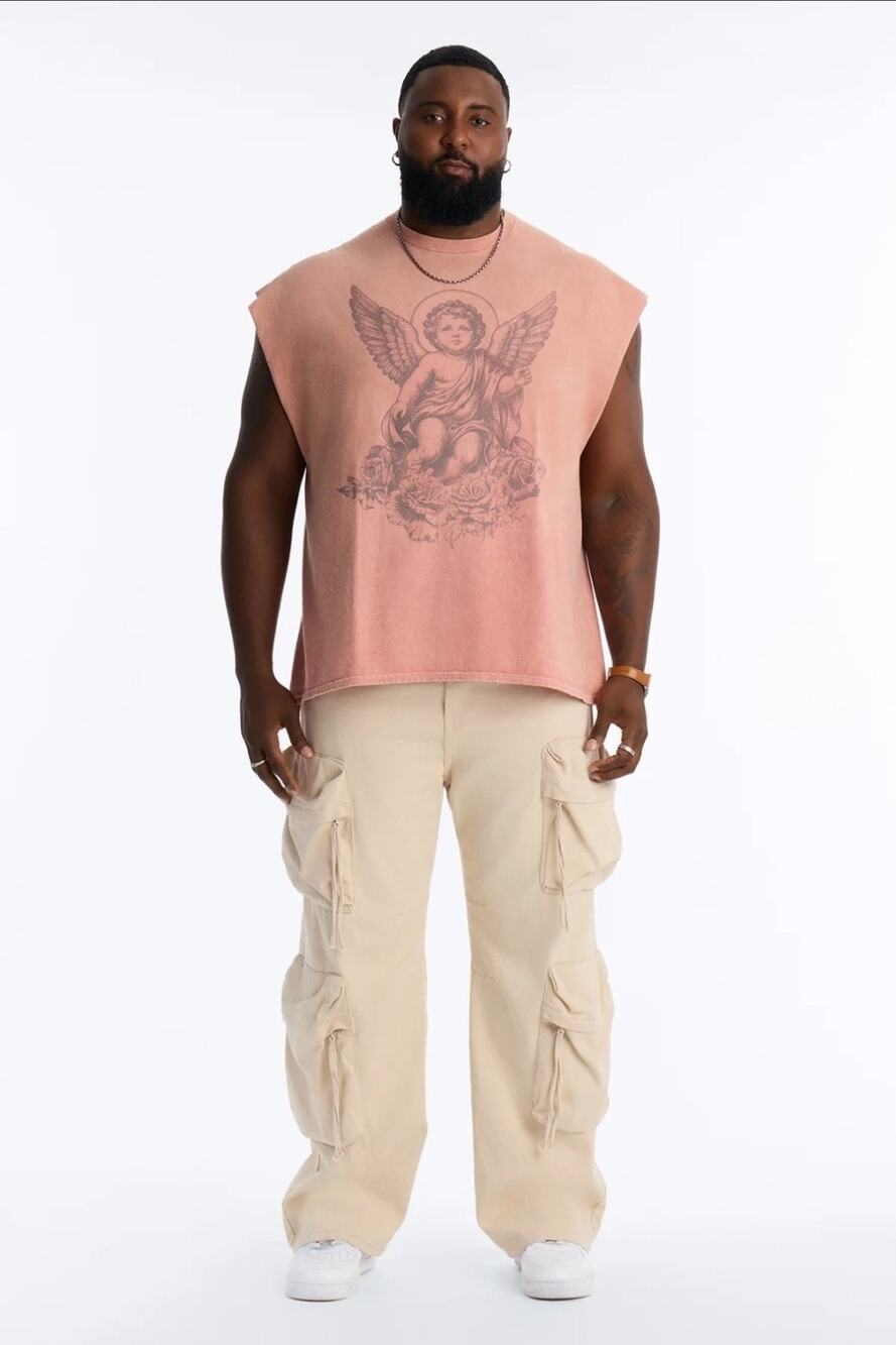 NEW NOVA Mens Pray For Me Vintage Sleeveless Muscle Tee Shirt Coral Size XL